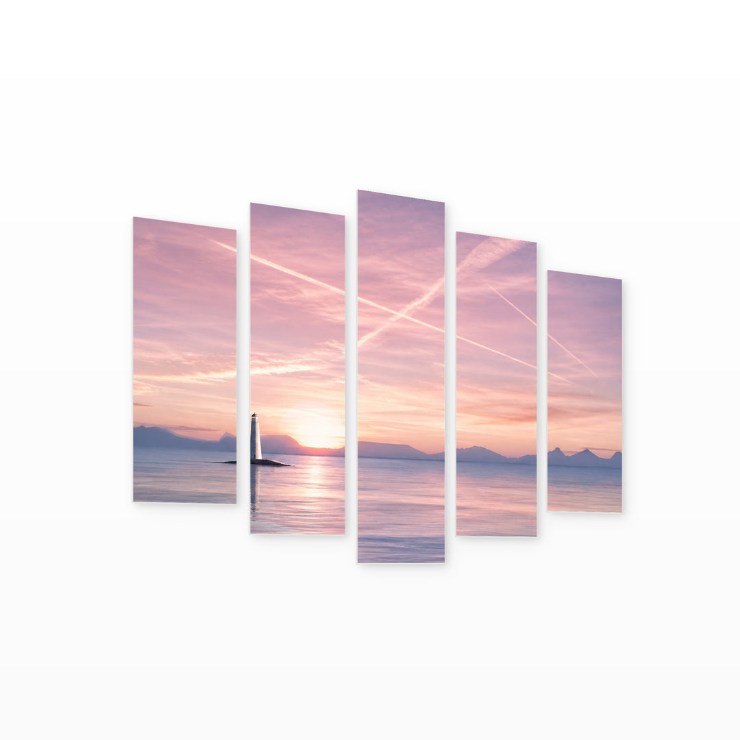 Minimalist Ocean View with Lighthouse with Geometric Rhythm — five-panel wall art on white background in perspective | 5wallart 54537 M1