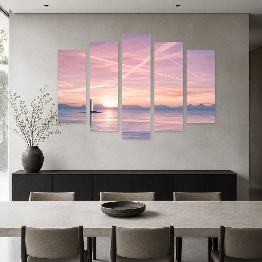 Minimalist Ocean View with Lighthouse with Geometric Rhythm — five-panel wall art in alternate frontal interior | 5wallart 54537 M4
