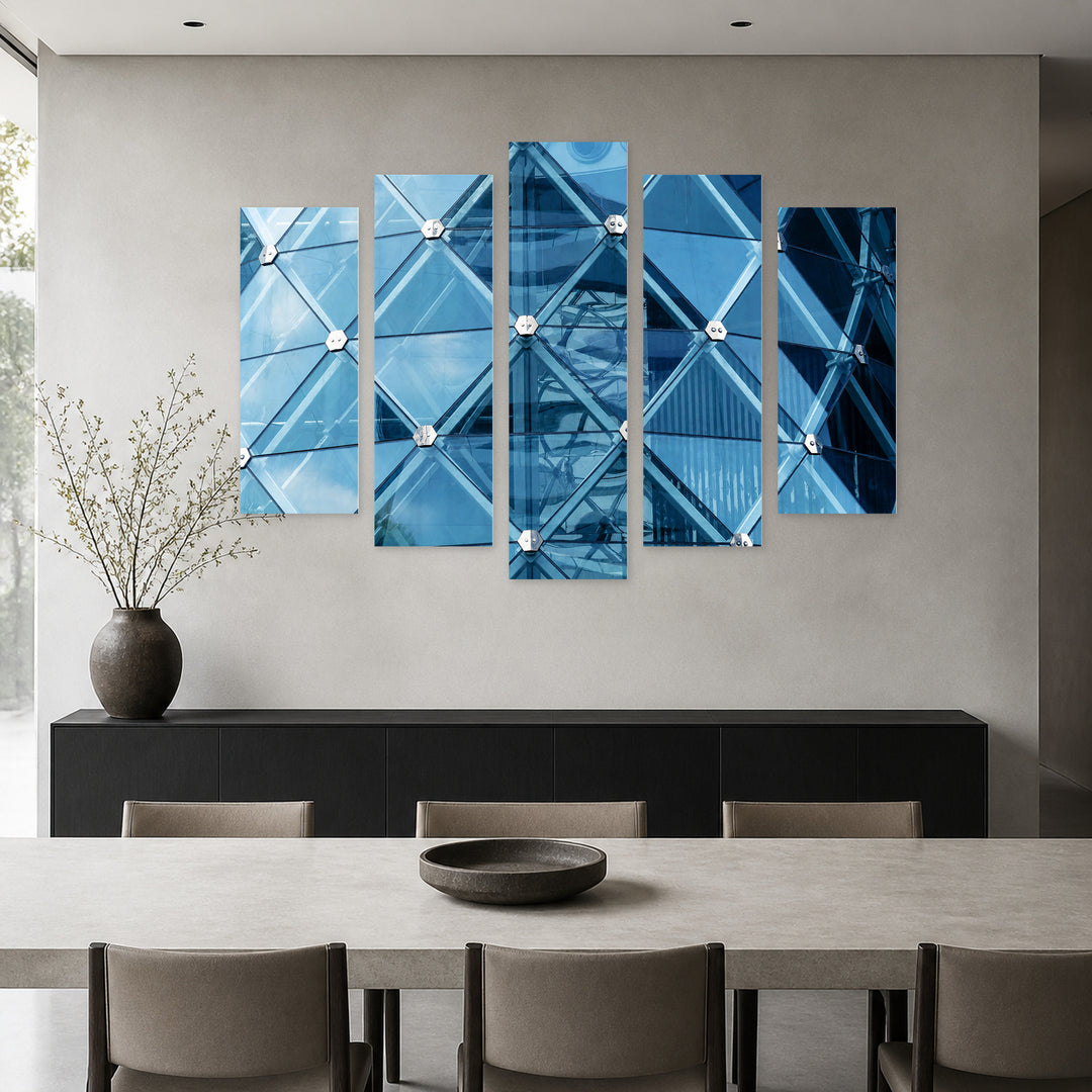 Glass Facade Design with Geometric Rhythm — five-panel wall art in frontal interior | 5wallart 54538 M3