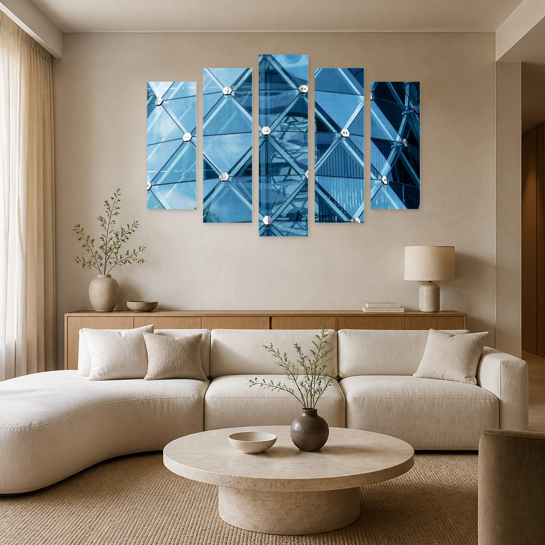 Glass Facade Design with Geometric Rhythm — five-panel wall art in alternate frontal interior | 5wallart 54538 M4
