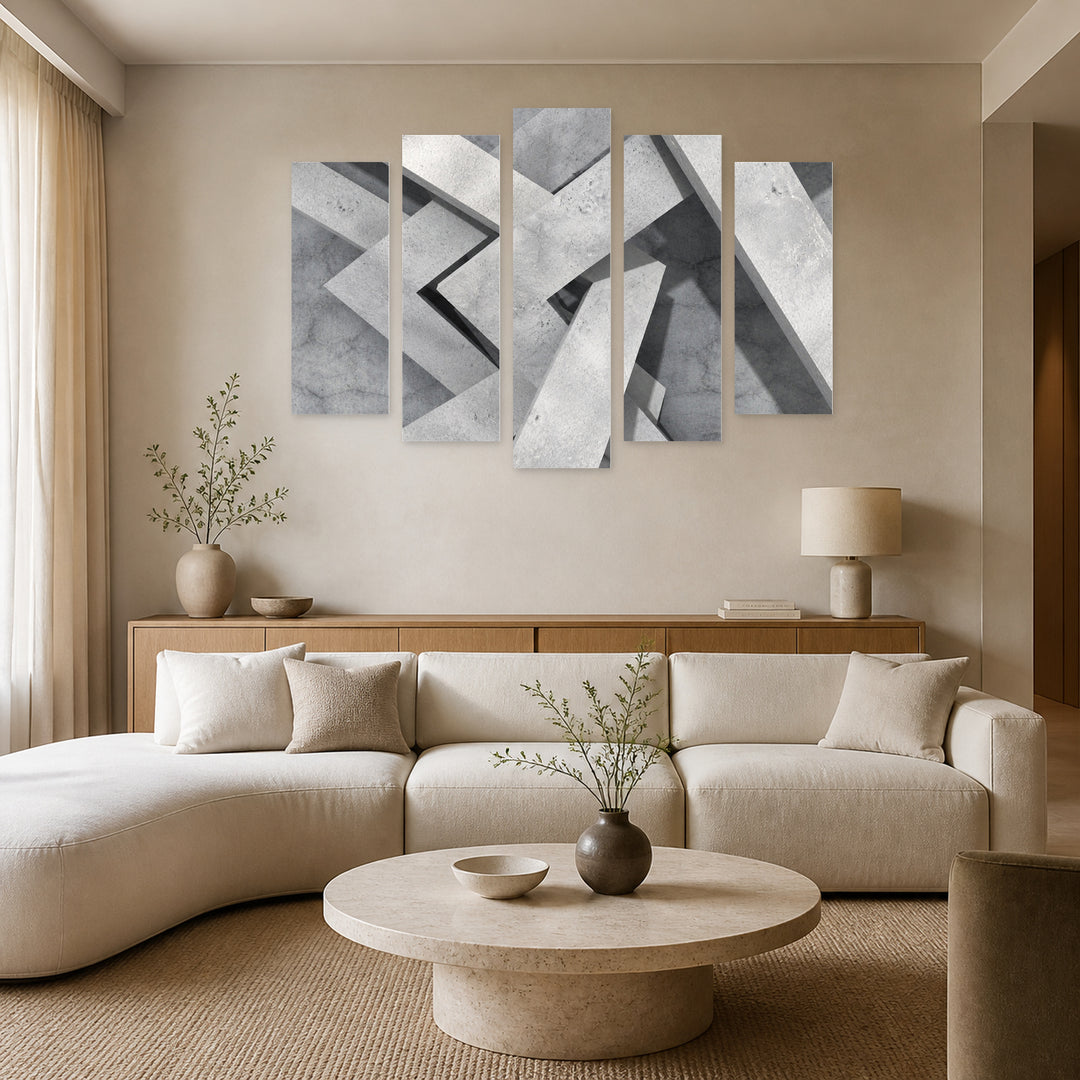 Abstract Concrete Architecture with Geometric Rhythm — five-panel wall art in alternate frontal interior | 5wallart 54540 M4