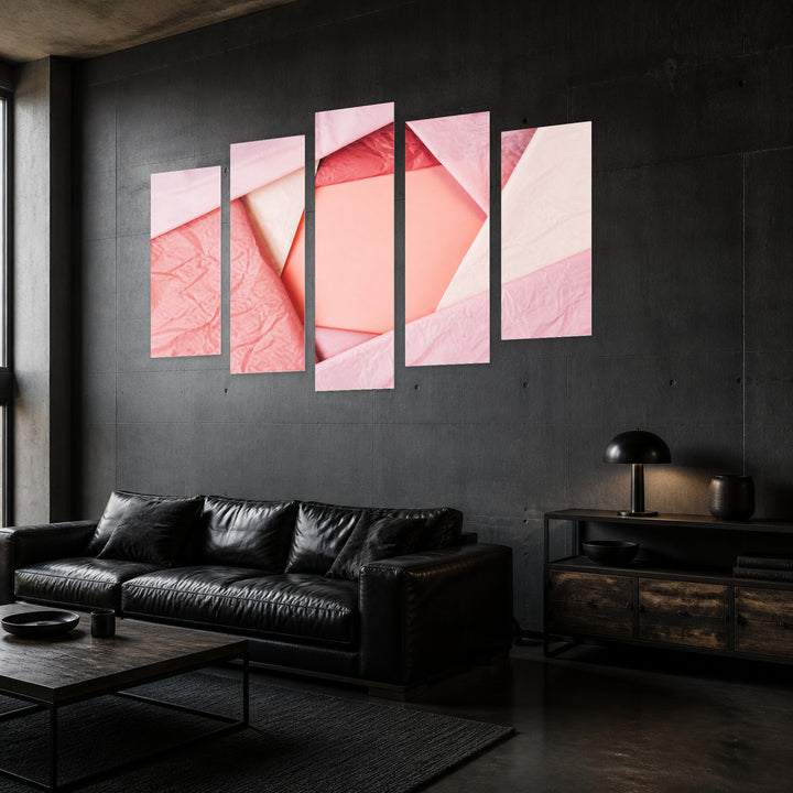 Abstract Pink Background with Geometric Rhythm — five-panel wall art in perspective interior | 5wallart 54544 M2