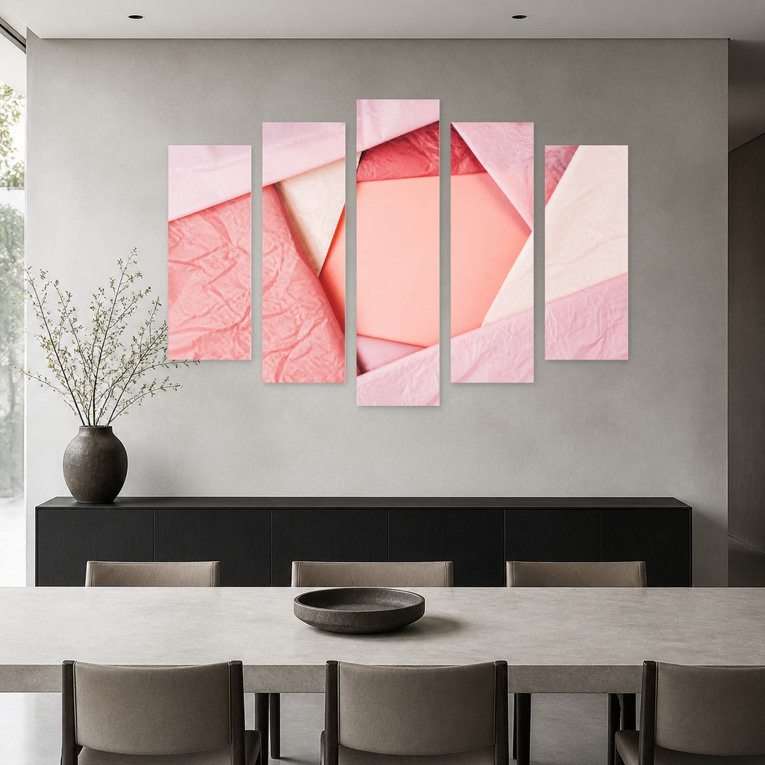 Abstract Pink Background with Geometric Rhythm — five-panel wall art in frontal interior | 5wallart 54544 M3