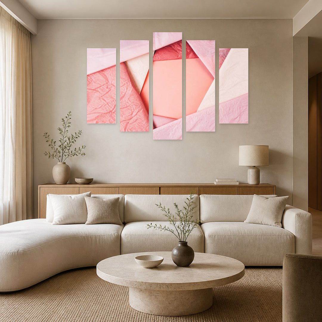 Abstract Pink Background with Geometric Rhythm — five-panel wall art in alternate frontal interior | 5wallart 54544 M4