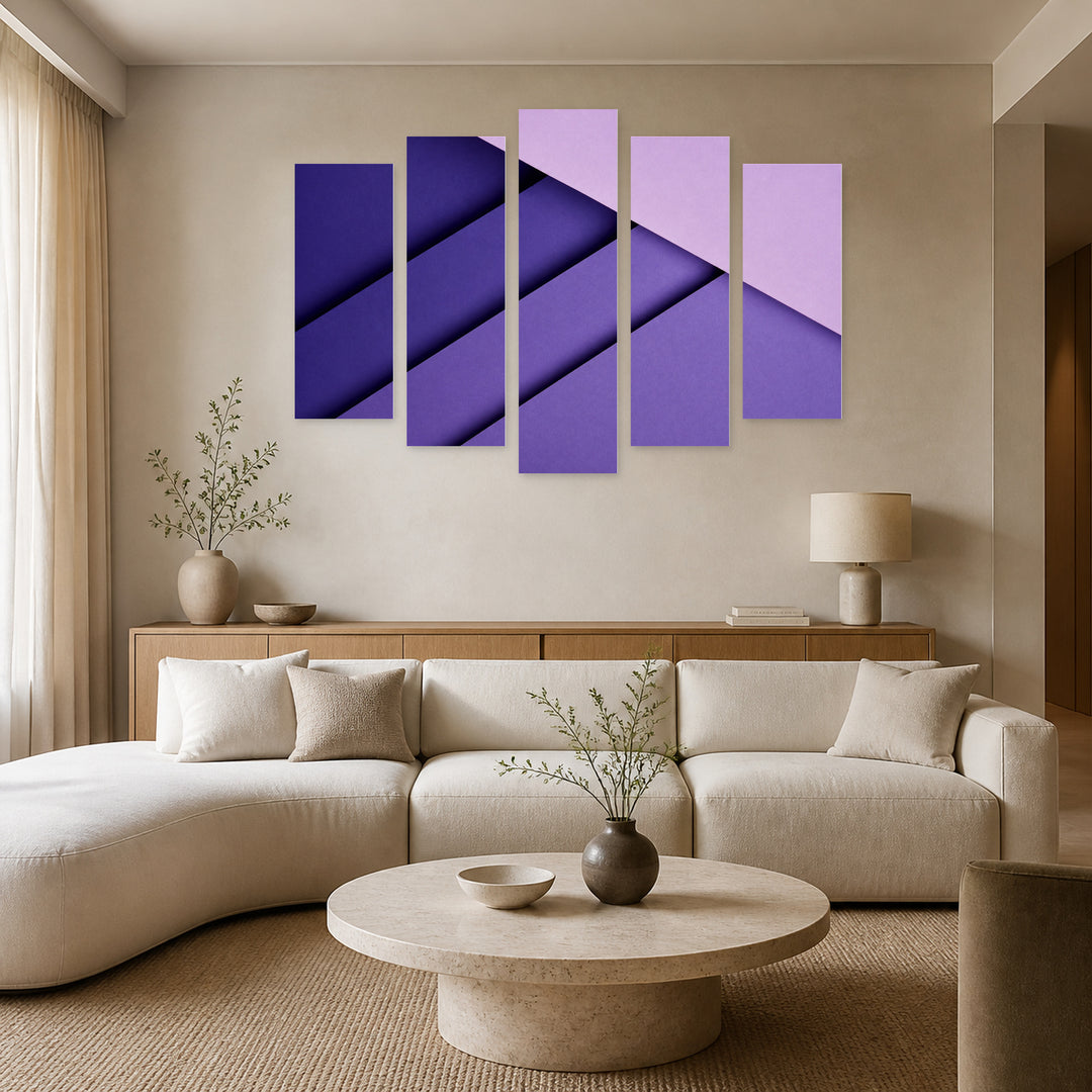 Abstract Purple Background with Geometric Rhythm — five-panel wall art in frontal interior | 5wallart 54545 M3