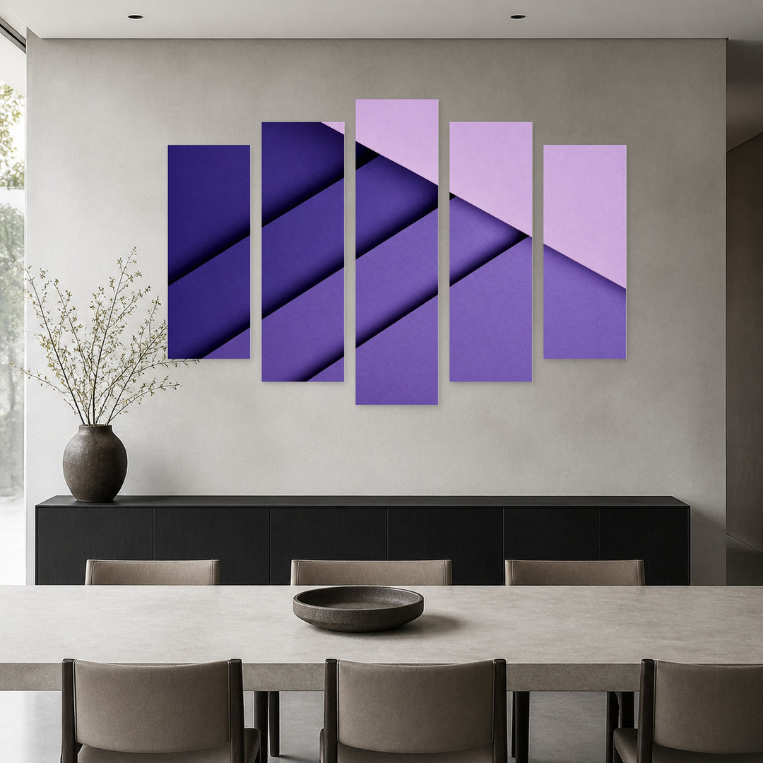 Abstract Purple Background with Geometric Rhythm — five-panel wall art in alternate frontal interior | 5wallart 54545 M4