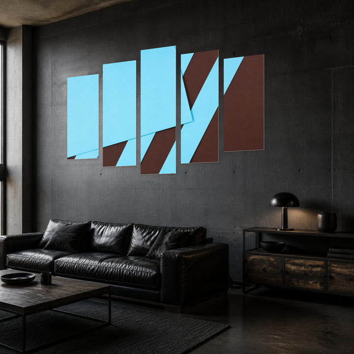 Abstract Blue Lines in Serene Light — five-panel wall art in perspective interior | 5wallart 54546 M2