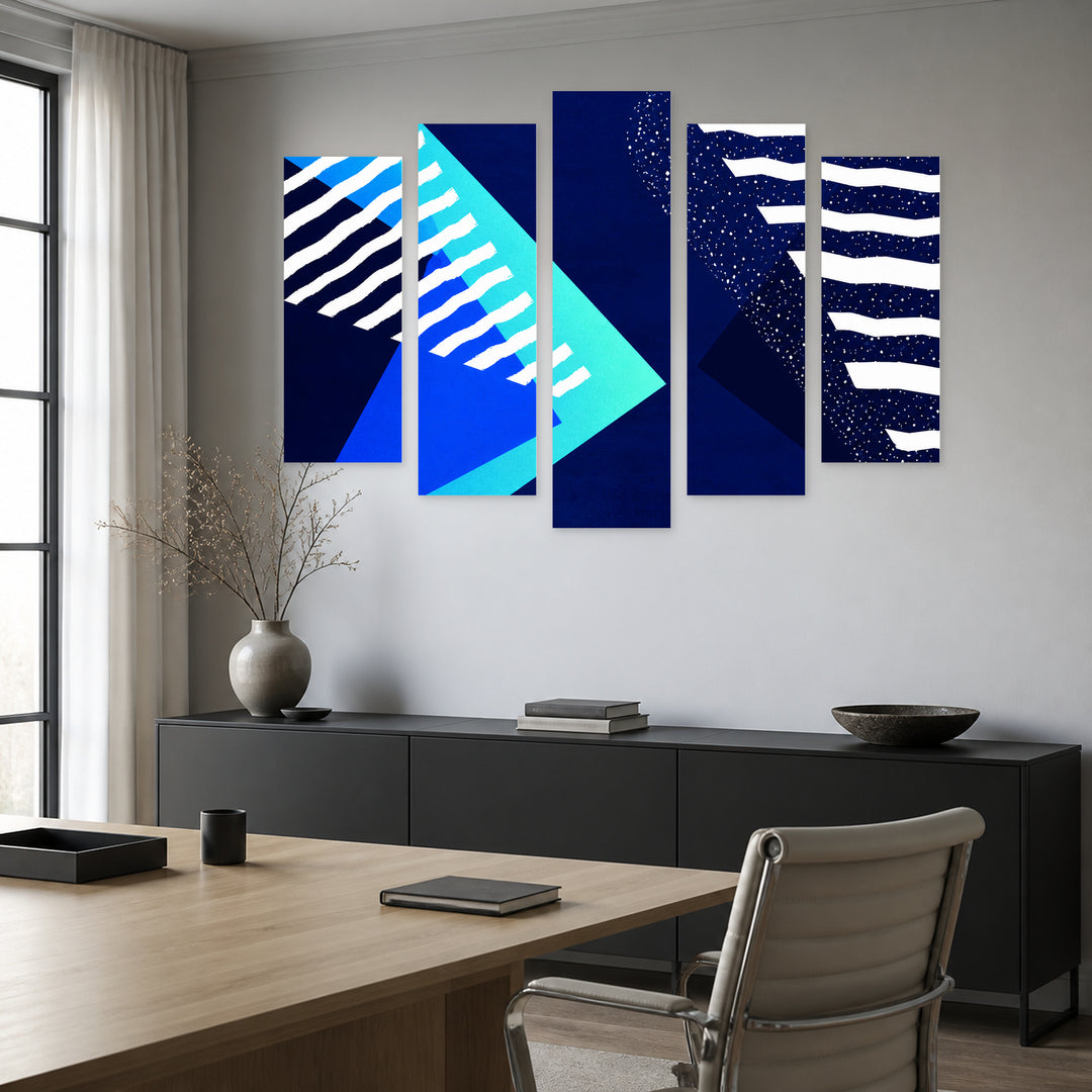 Abstract Geometric Composition with Dramatic Contrast II — five-panel wall art in frontal interior | 5wallart 54548 M3
