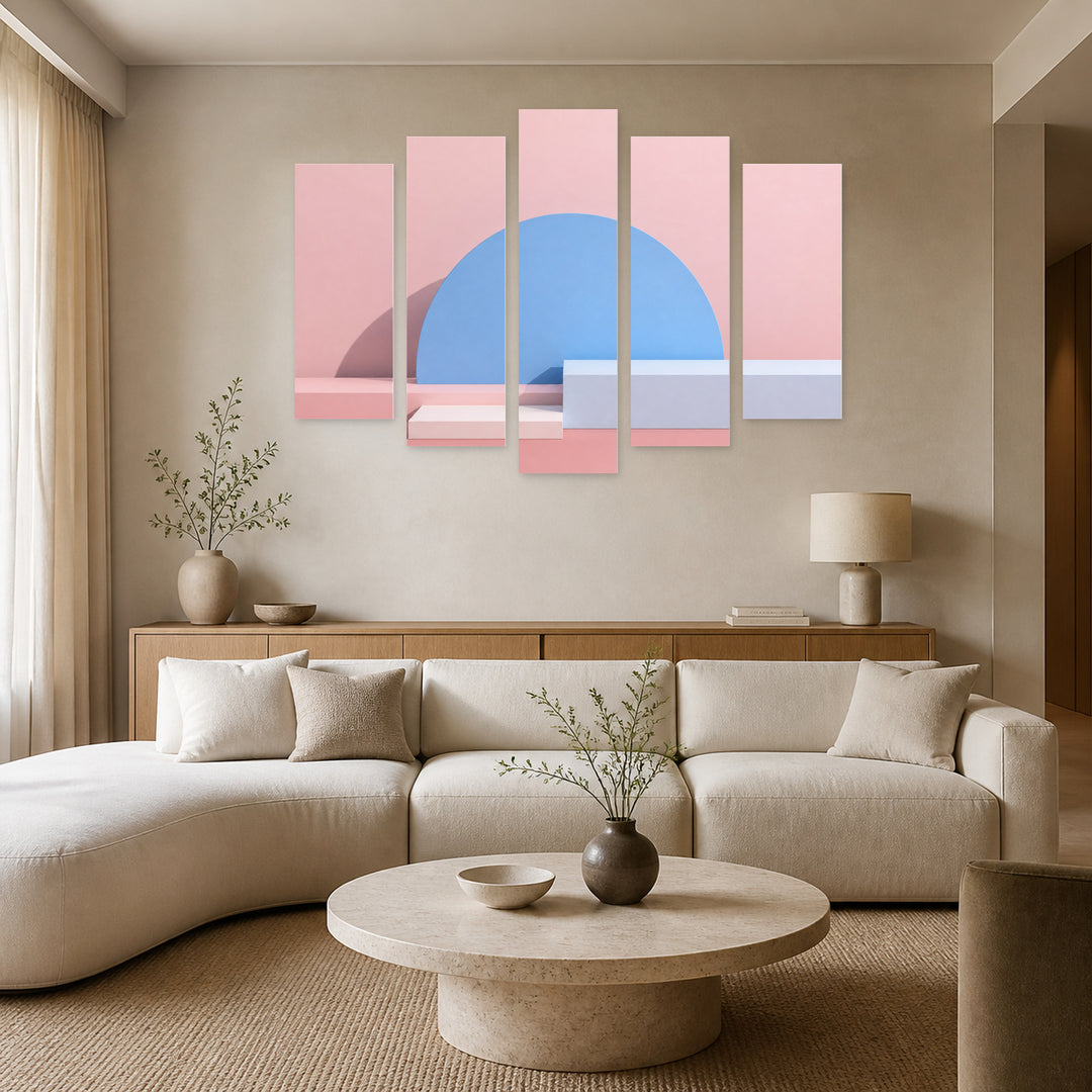 Abstract Geometric Shapes with Dramatic Contrast — five-panel wall art in frontal interior | 5wallart 54551 M3