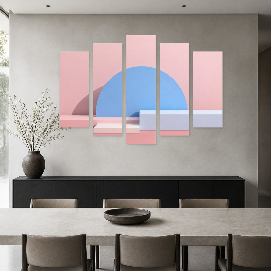 Abstract Geometric Shapes with Dramatic Contrast — five-panel wall art in alternate frontal interior | 5wallart 54551 M4