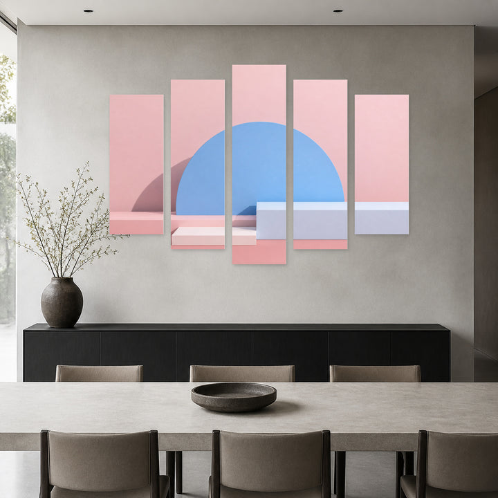 Abstract Geometric Shapes with Dramatic Contrast — five-panel wall art in alternate frontal interior | 5wallart 54551 M4