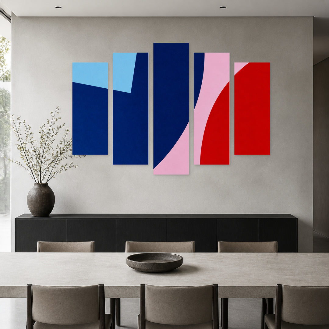Colorful Shapes with Geometric Rhythm — five-panel wall art in alternate frontal interior | 5wallart 54553 M4