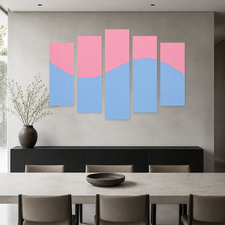 Pastel Background with Geometric Rhythm — five-panel wall art in frontal interior | 5wallart 54554 M3