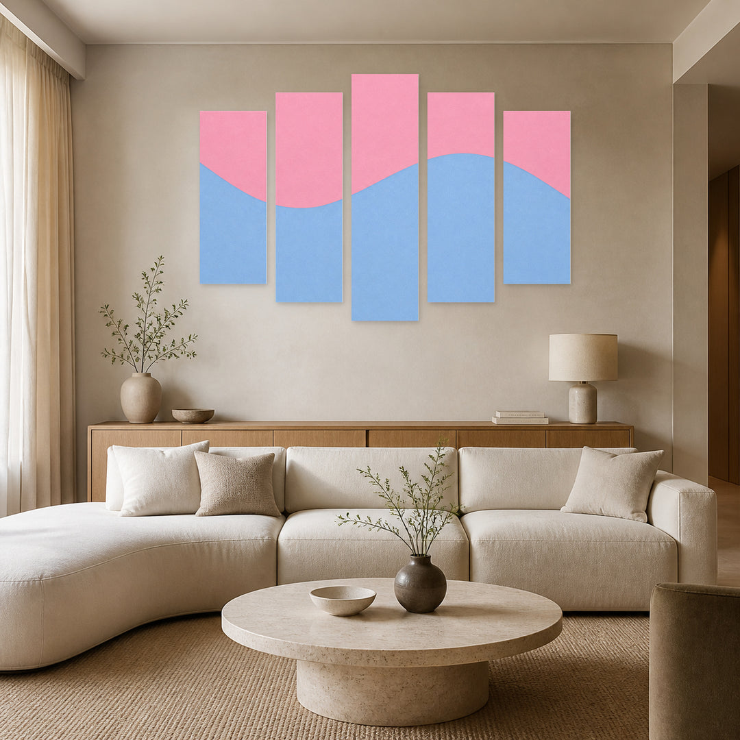 Pastel Background with Geometric Rhythm — five-panel wall art in alternate frontal interior | 5wallart 54554 M4