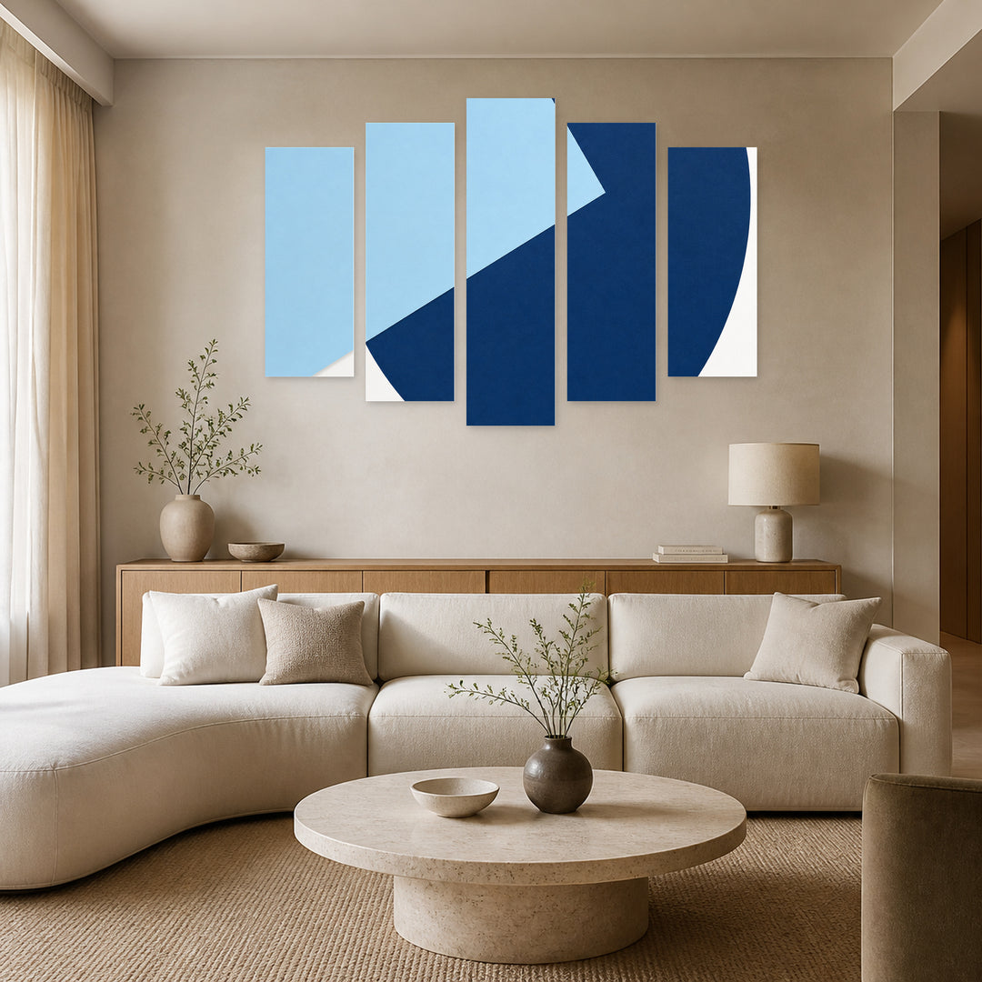 Abstract Colorful Composition with Geometric Rhythm — five-panel wall art in frontal interior | 5wallart 54555 M3