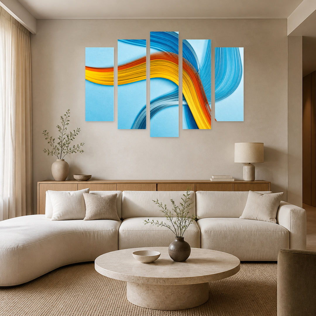 Bright Abstract Lines with Dramatic Contrast — five-panel wall art in alternate frontal interior | 5wallart 54556 M4