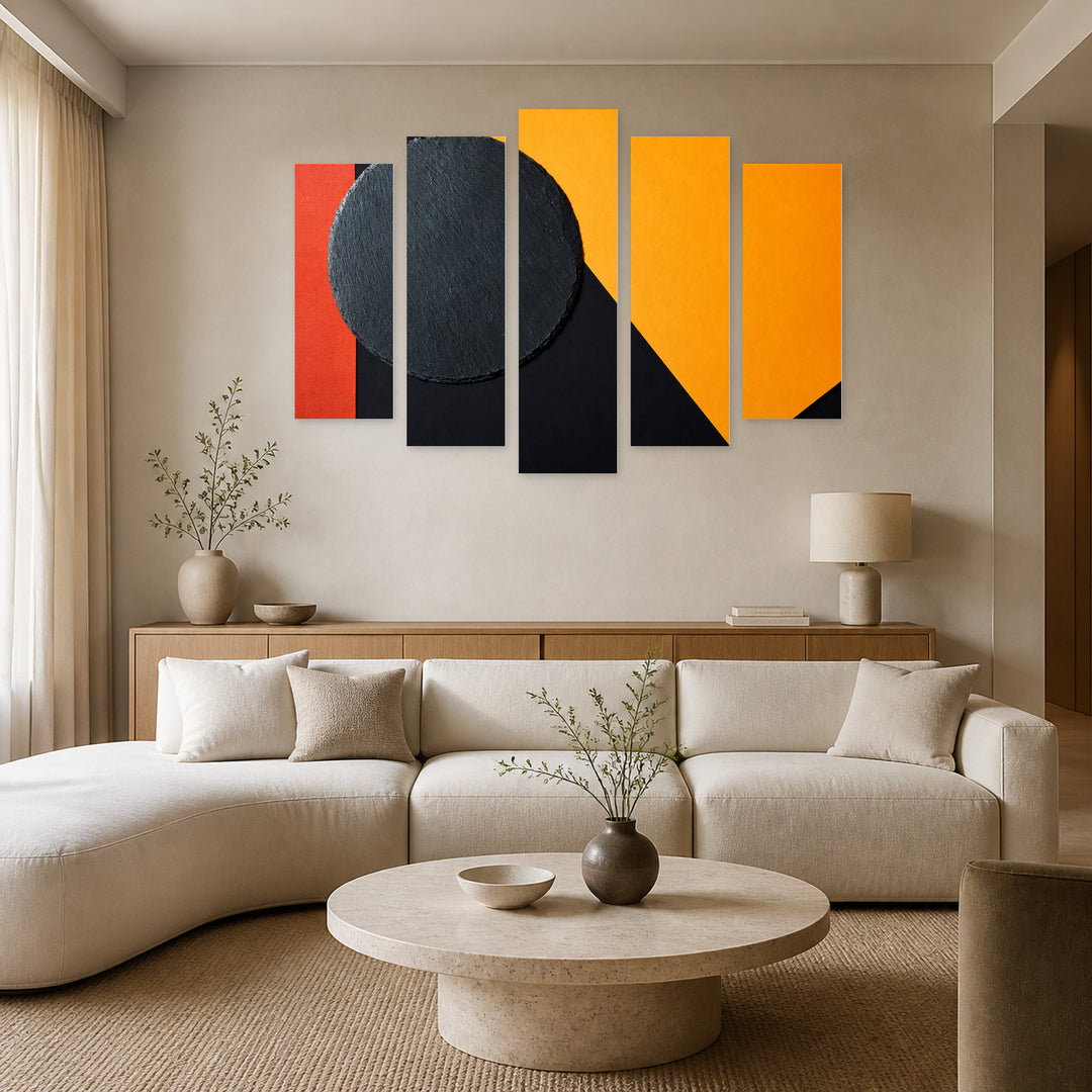Abstract Geometry with Dramatic Contrast — five-panel wall art in frontal interior | 5wallart 54557 M3