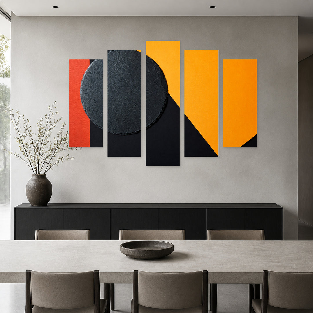 Abstract Geometry with Dramatic Contrast — five-panel wall art in alternate frontal interior | 5wallart 54557 M4