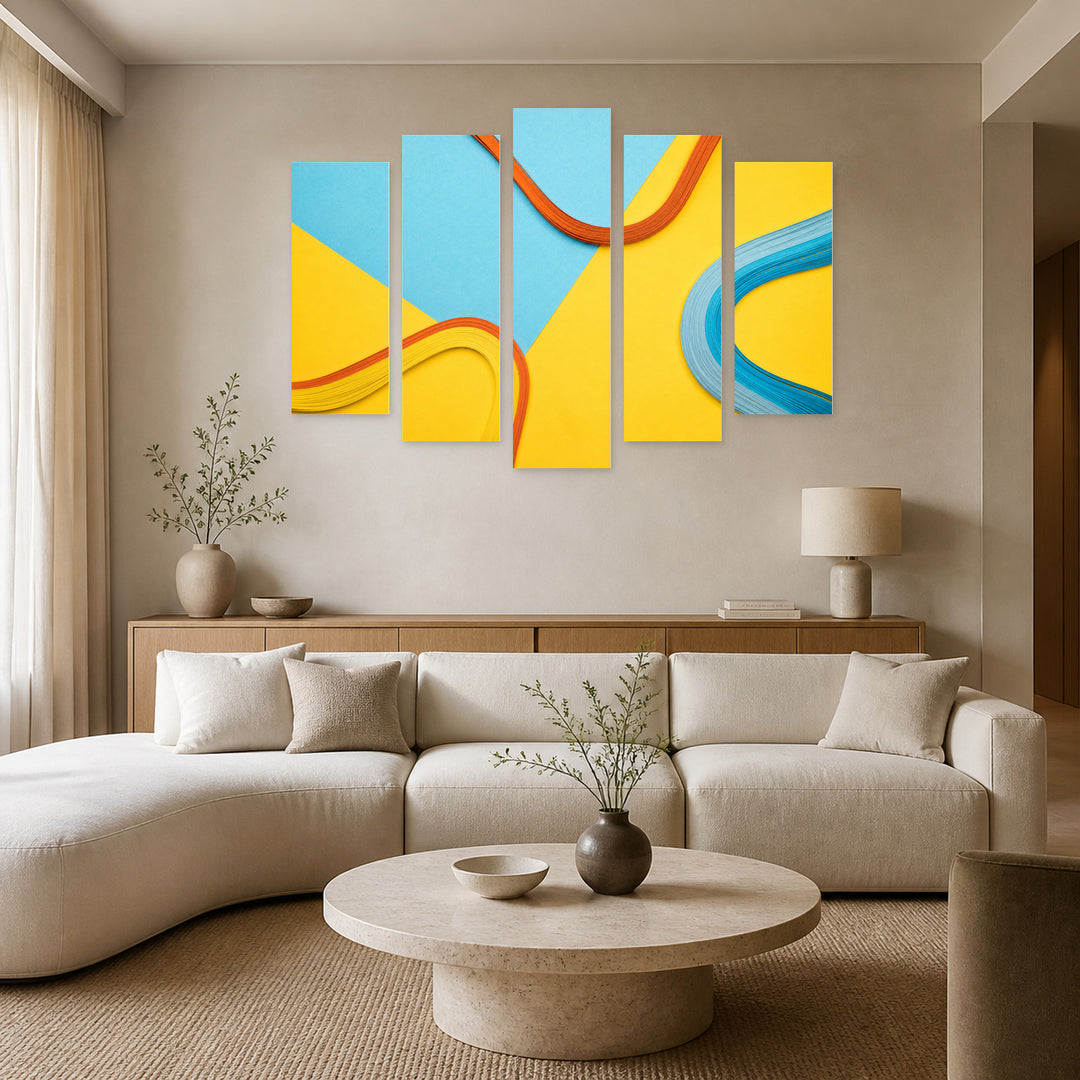 Curved Multicolored Lines Modern Composition — five-panel wall art in alternate frontal interior | 5wallart 54558 M4