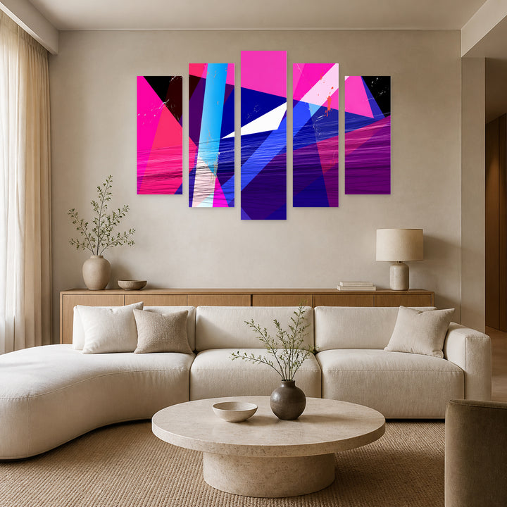 Geometric Colorful Objects with Dramatic Contrast — five-panel wall art in alternate frontal interior | 5wallart 54560 M4