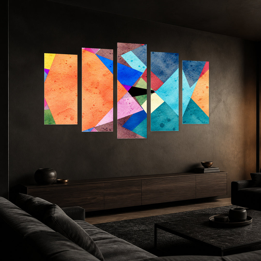 Abstract Colorful Background in Blue and Gold — five-panel wall art in perspective interior | 5wallart 54561 M2