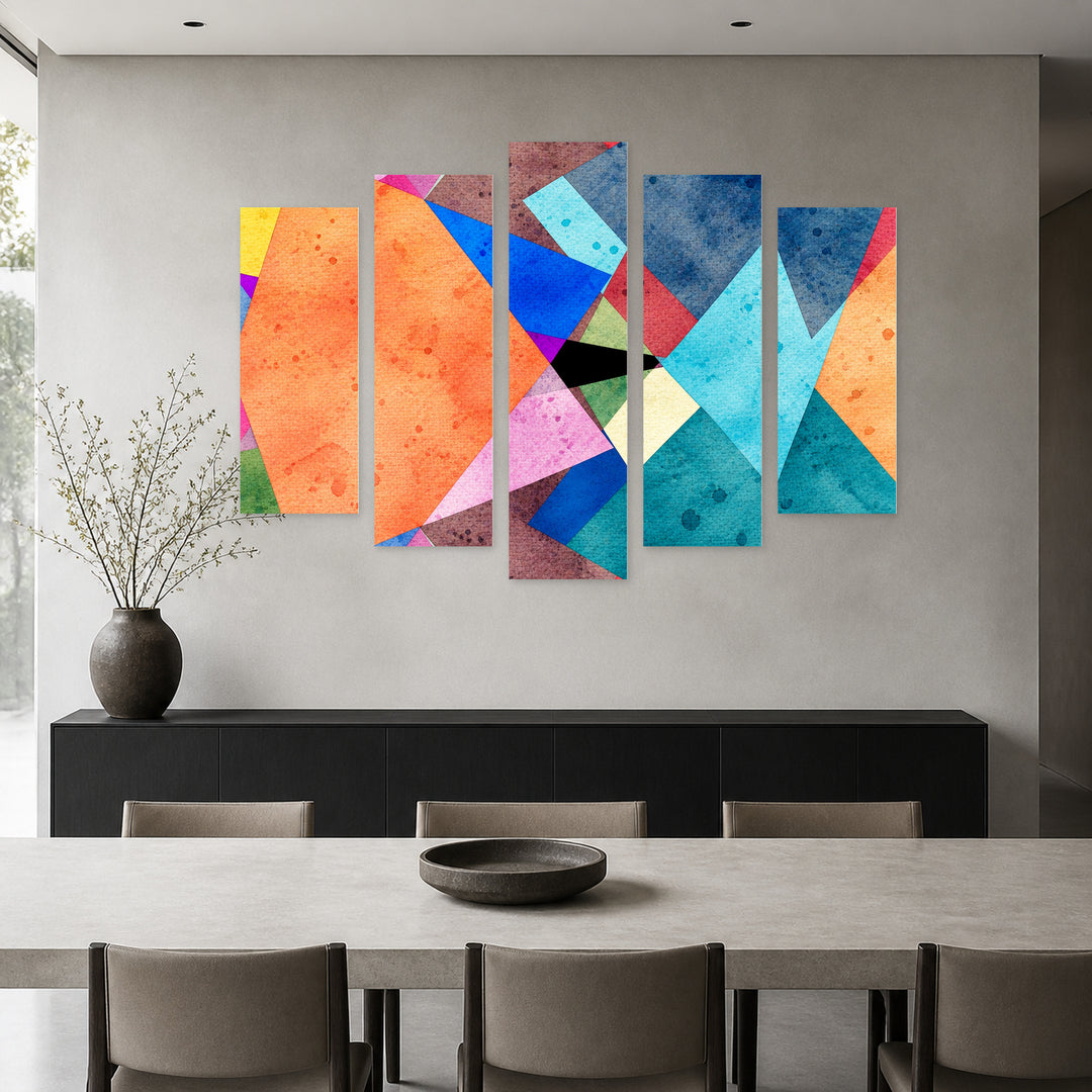 Abstract Colorful Background in Blue and Gold — five-panel wall art in alternate frontal interior | 5wallart 54561 M4