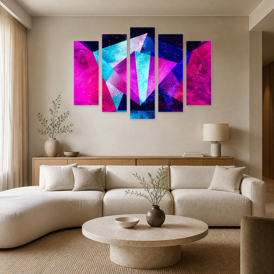 Colorful Geometric Background with Dramatic Contrast — five-panel wall art in alternate frontal interior | 5wallart 54562 M4