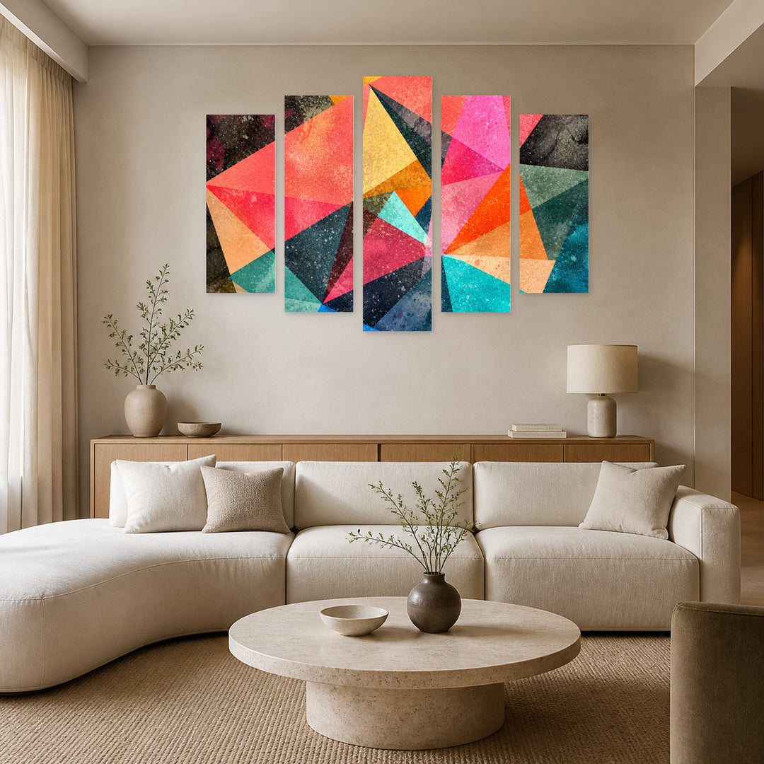 Abstract Watercolor Geometric Background in Serene Light — five-panel wall art in alternate frontal interior | 5wallart 54564 M4