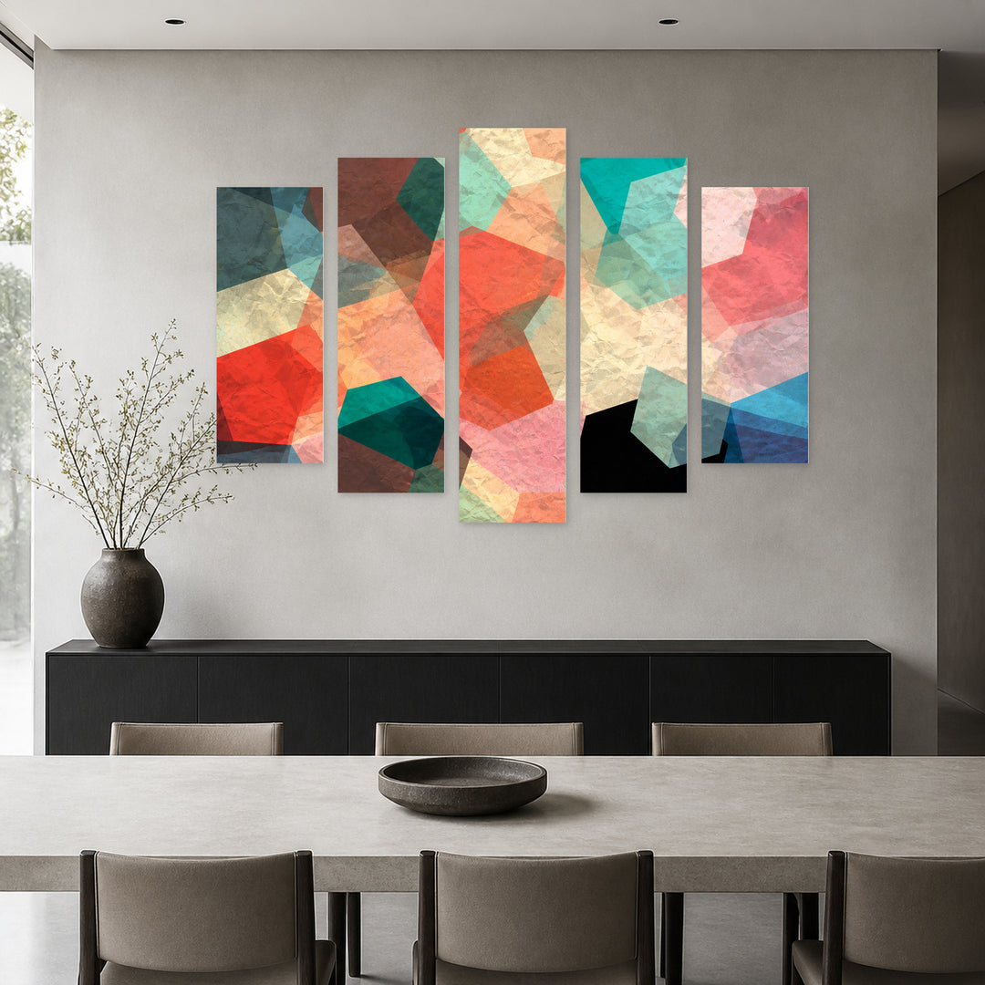 Geometric Shapes in Serene Light — five-panel wall art in alternate frontal interior | 5wallart 54565 M4