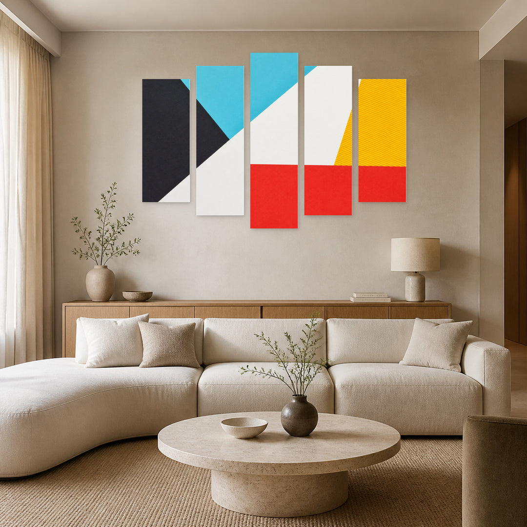Colorful Abstract Geometric Background with Dramatic Contrast — five-panel wall art in alternate frontal interior | 5wallart 54566 M4