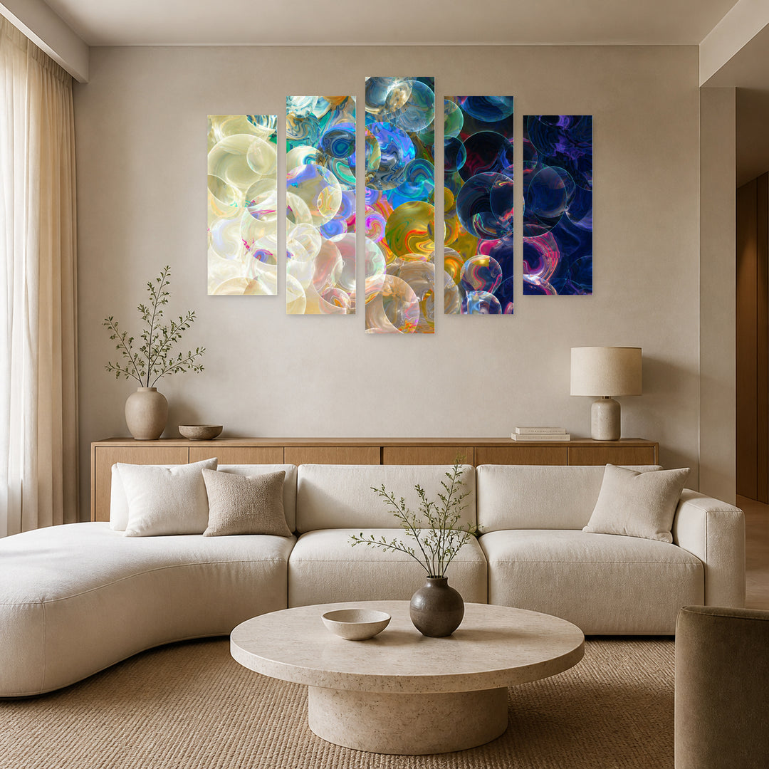 Abstract Colorful Bubbles in Blue and Gold — five-panel wall art in frontal interior | 5wallart 54567 M3