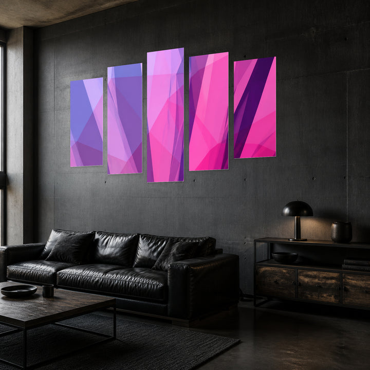 Abstract Purple Background with Geometric Rhythm II — five-panel wall art in perspective interior | 5wallart 54568 M2