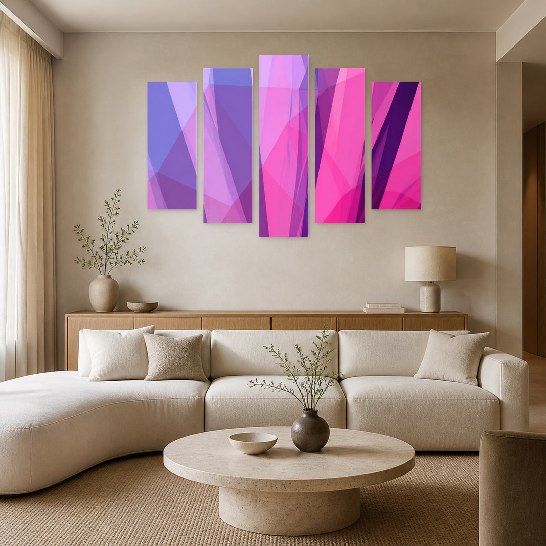 Abstract Purple Background with Geometric Rhythm II — five-panel wall art in alternate frontal interior | 5wallart 54568 M4