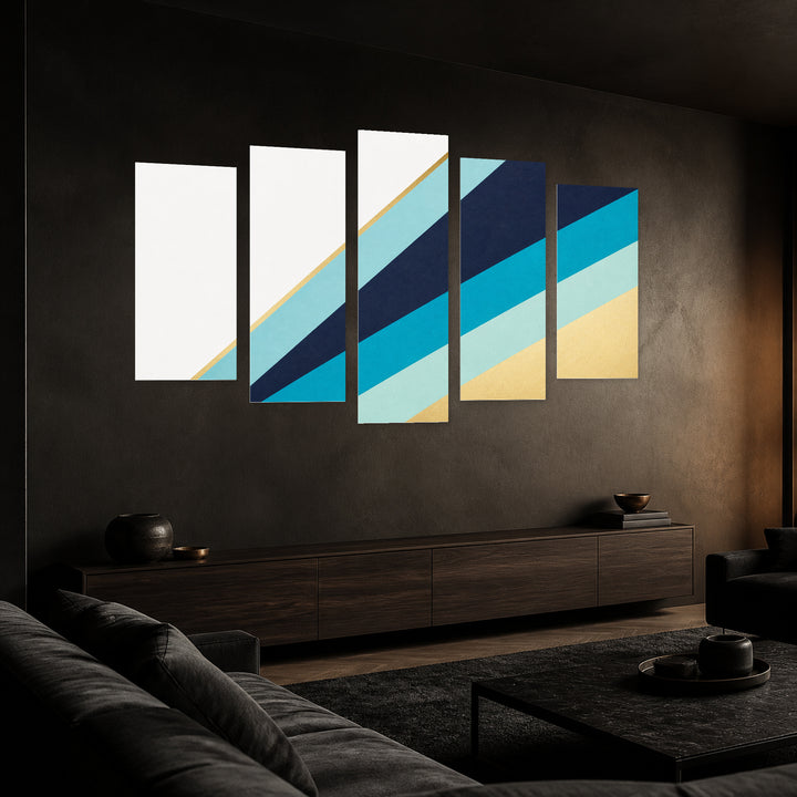 Modern Abstract Background in Blue and Gold — five-panel wall art in perspective interior | 5wallart 54569 M2