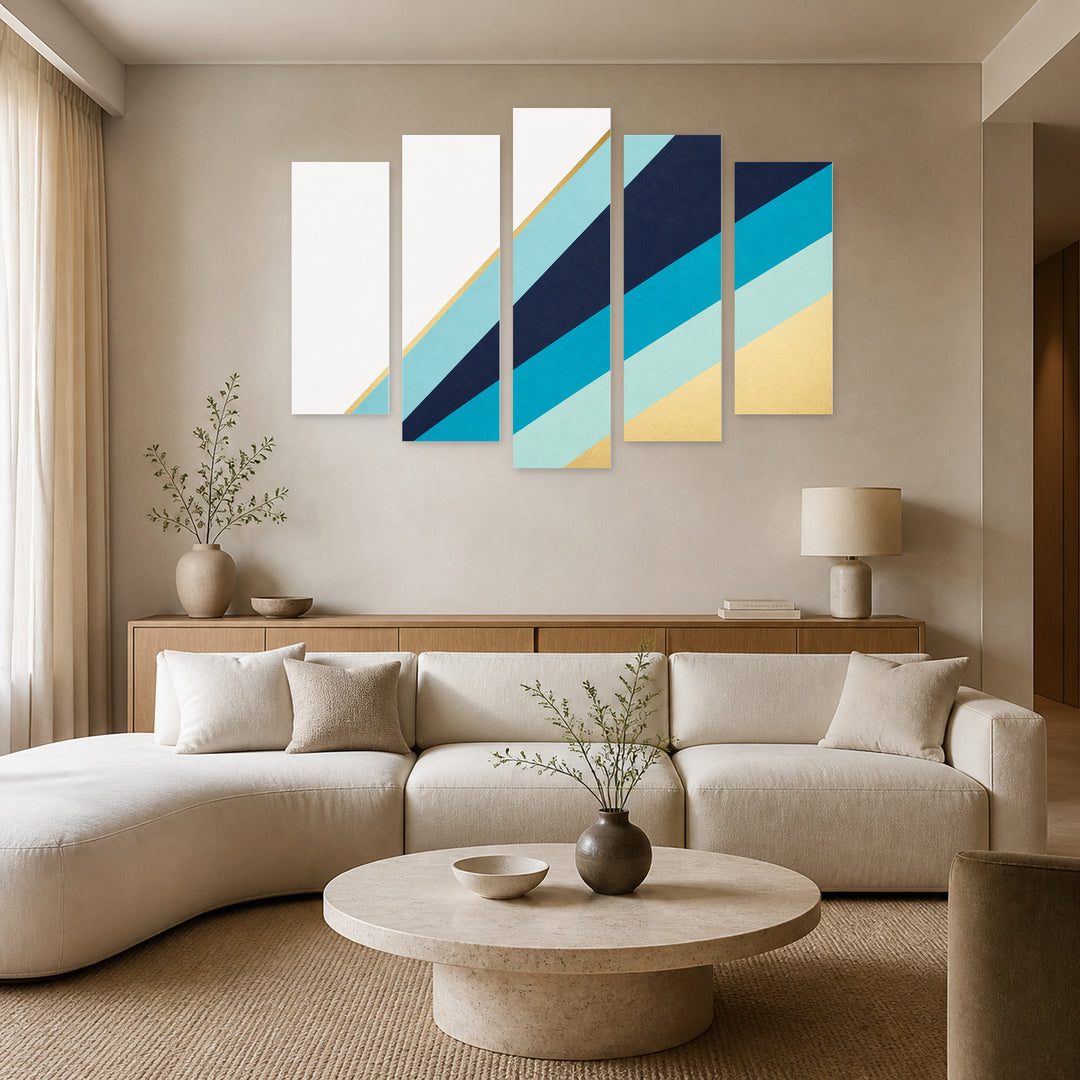 Modern Abstract Background in Blue and Gold — five-panel wall art in frontal interior | 5wallart 54569 M3