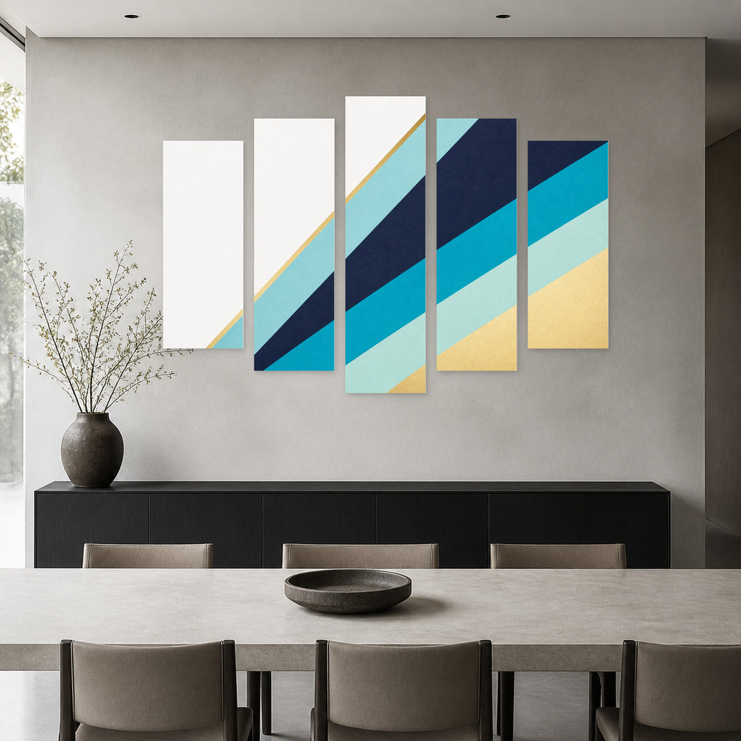 Modern Abstract Background in Blue and Gold — five-panel wall art in alternate frontal interior | 5wallart 54569 M4