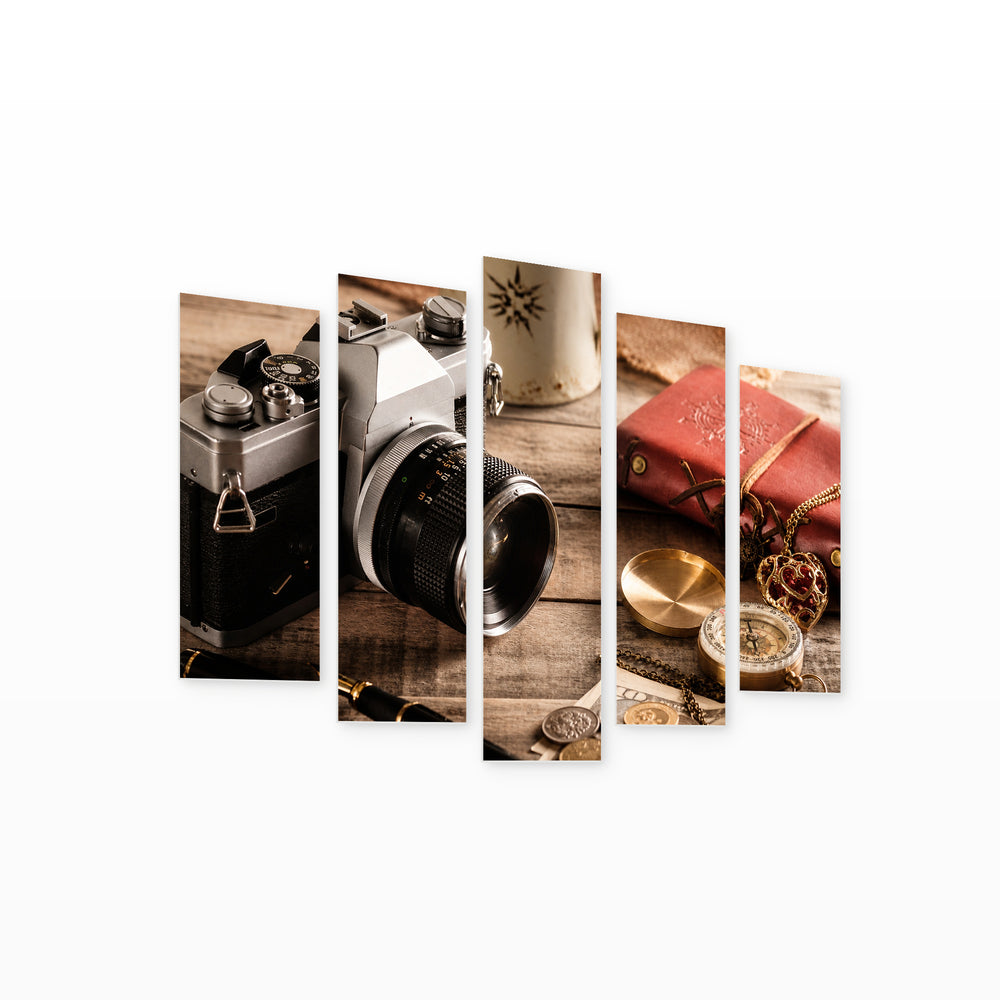 Camera on Wooden Background Vintage Study — five-panel wall art on white background in perspective | 5wallart 54570 M1