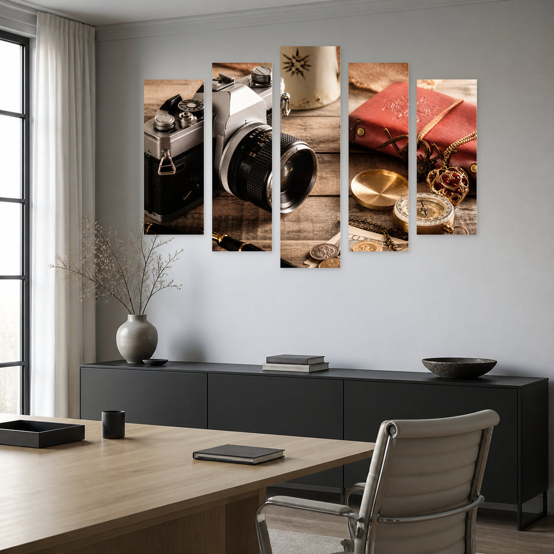 Camera on Wooden Background Vintage Study — five-panel wall art in frontal interior | 5wallart 54570 M3