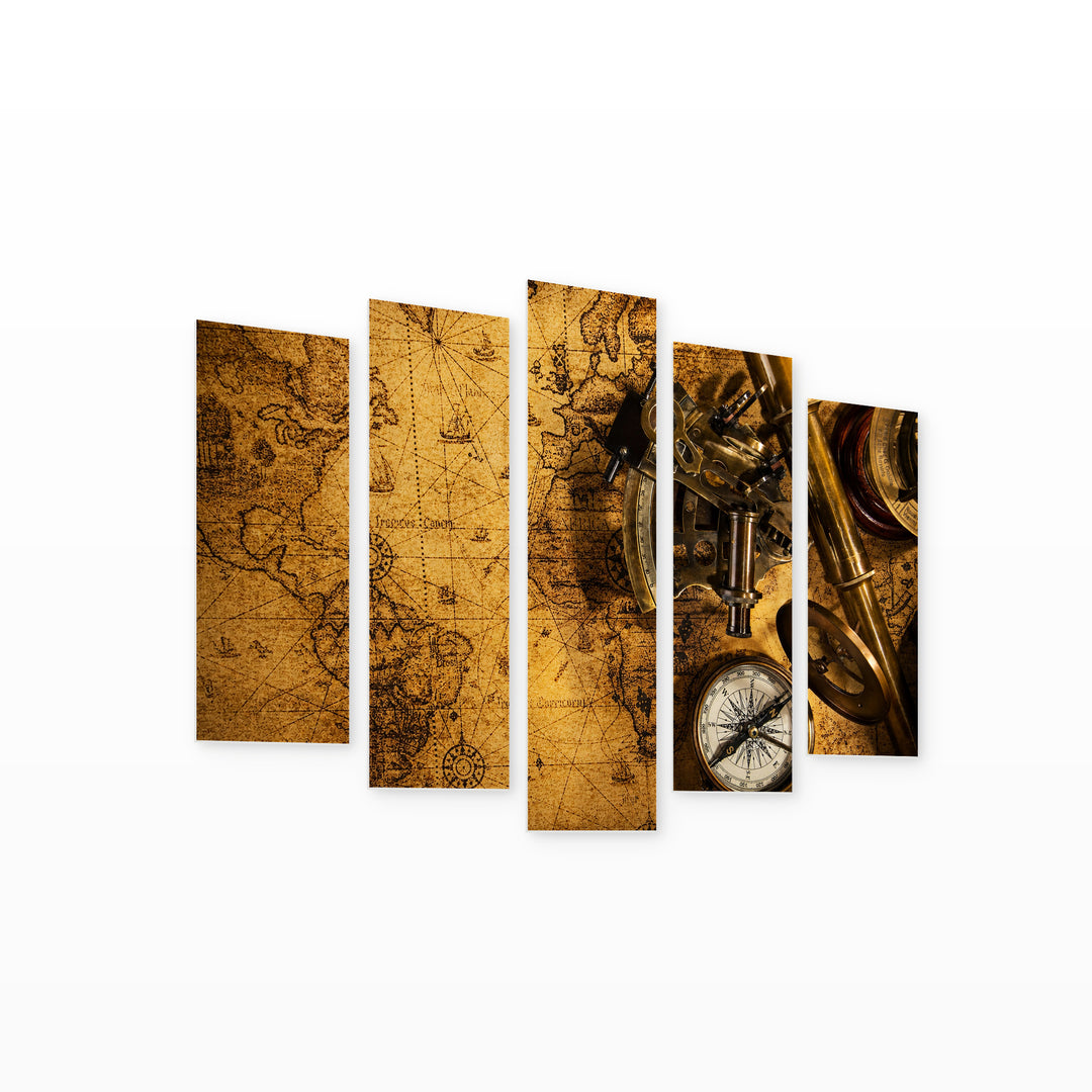 Vintage Explorer Map and Compass — five-panel wall art on white background in perspective | 5wallart 54571 M1