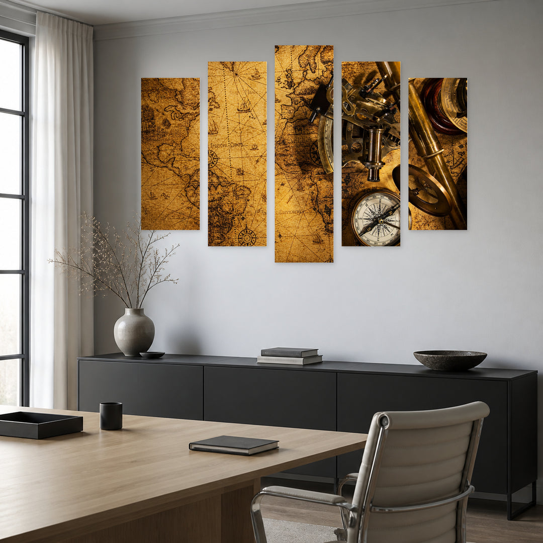Vintage Explorer Map and Compass — five-panel wall art in alternate frontal interior | 5wallart 54571 M4