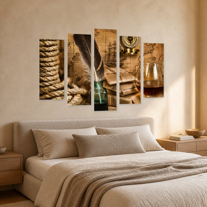 Vintage Items with Dramatic Contrast — five-panel wall art in perspective interior | 5wallart 54575 M2