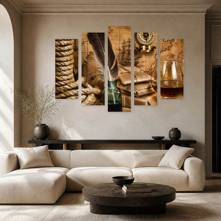 Vintage Items with Dramatic Contrast — five-panel wall art in frontal interior | 5wallart 54575 M3