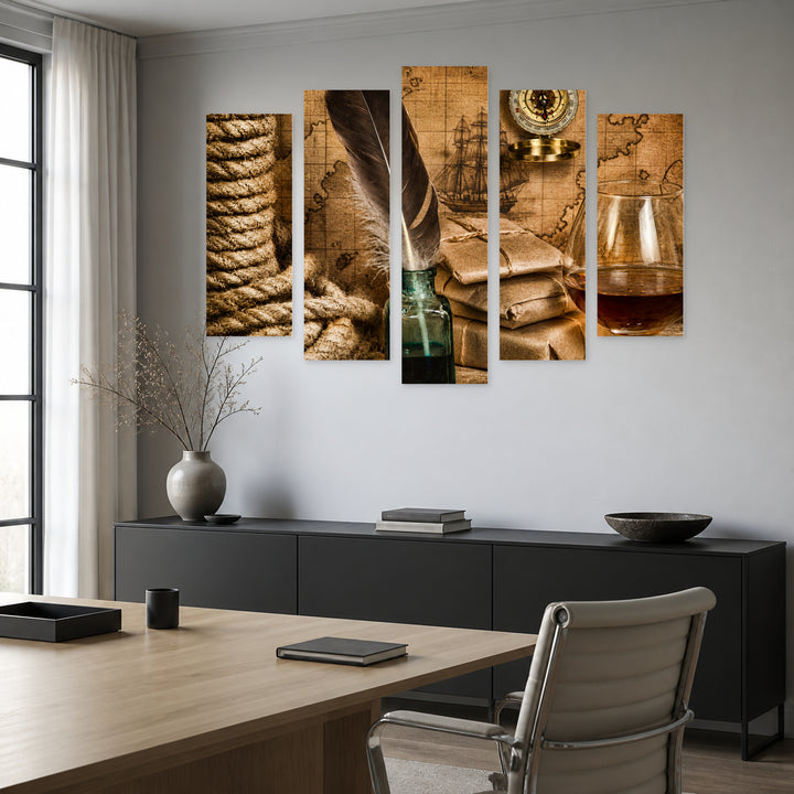 Vintage Items with Dramatic Contrast — five-panel wall art in alternate frontal interior | 5wallart 54575 M4