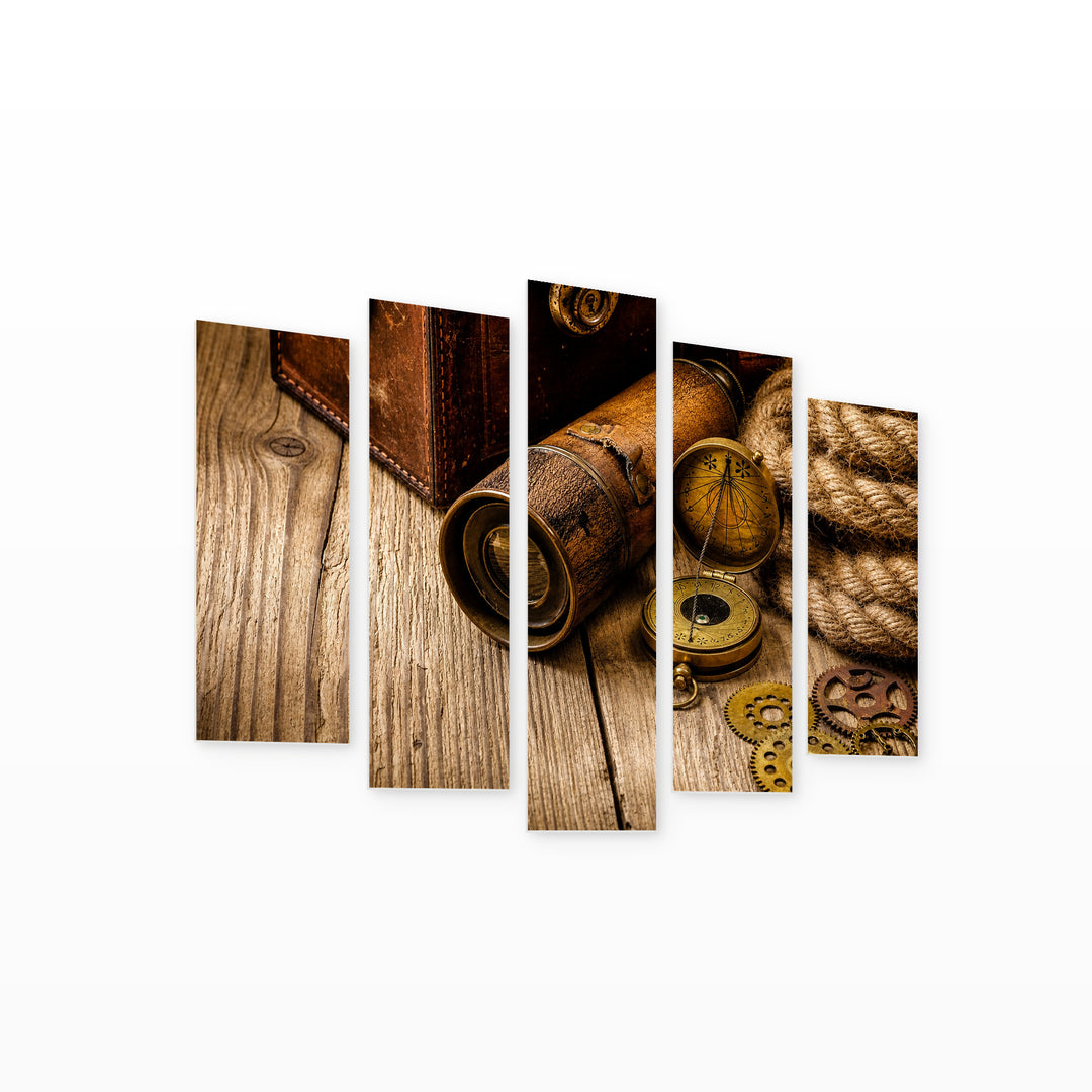 Antique Objects Vintage Study — five-panel wall art on white background in perspective | 5wallart 54576 M1