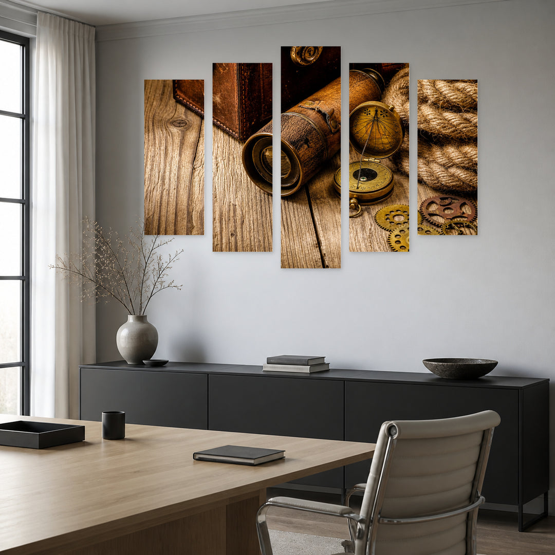 Antique Objects Vintage Study — five-panel wall art in frontal interior | 5wallart 54576 M3