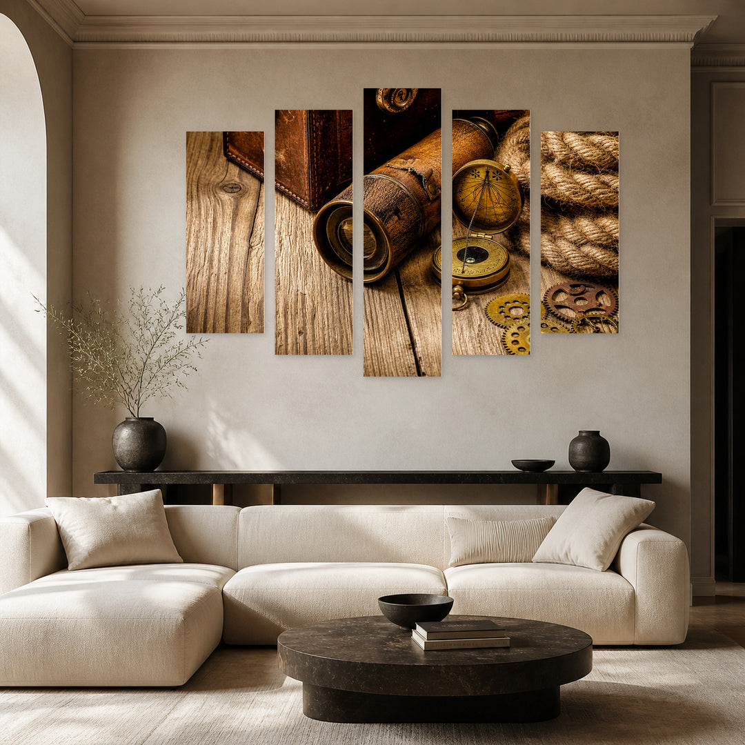 Antique Objects Vintage Study — five-panel wall art in alternate frontal interior | 5wallart 54576 M4