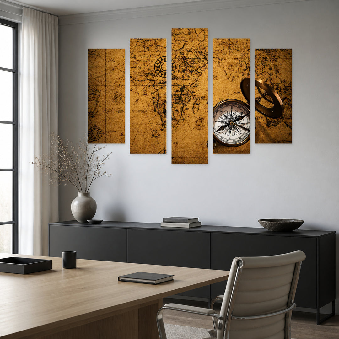 Retro Navigation Equipment Vintage Study — five-panel wall art in alternate frontal interior | 5wallart 54577 M4