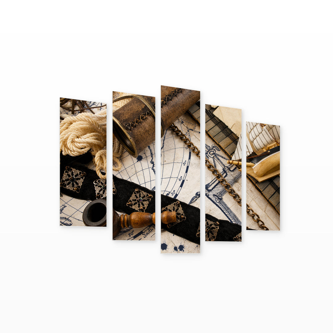 Marine Still Life Vintage Study — five-panel wall art on white background in perspective | 5wallart 54578 M1
