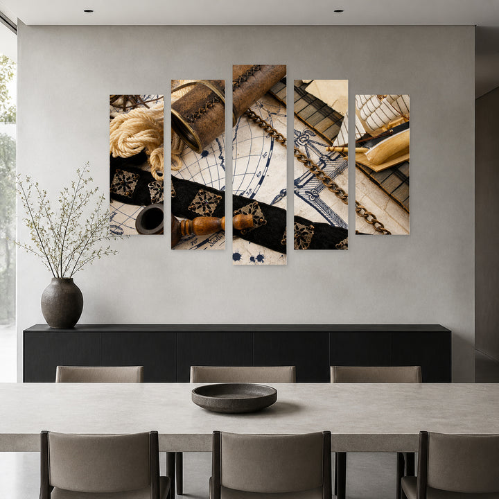 Marine Still Life Vintage Study — five-panel wall art in frontal interior | 5wallart 54578 M3