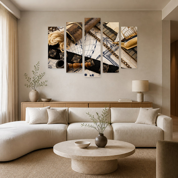 Marine Still Life Vintage Study — five-panel wall art in alternate frontal interior | 5wallart 54578 M4